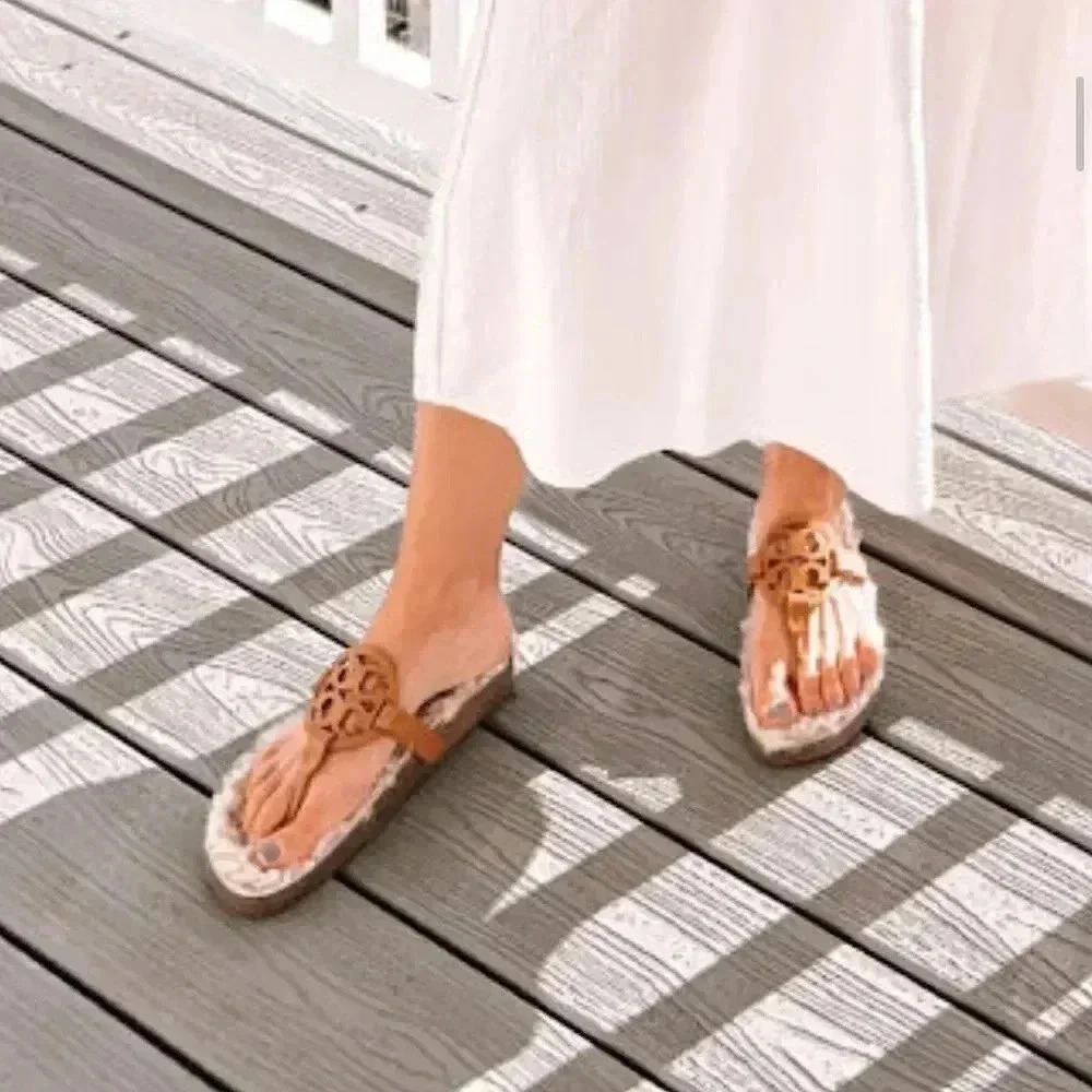 Tory Burch Miller Sandals Size 10.5 Leather Cloud Shearling Neutral Box Dust Bag - Picture 5 of 13